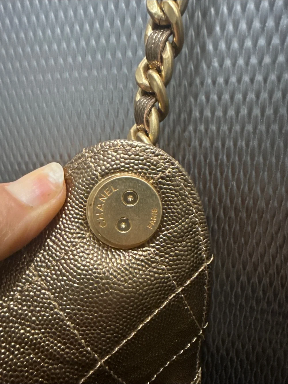 CHANEL Bronze Quilted Leather Shoulder Bag with CC Charm